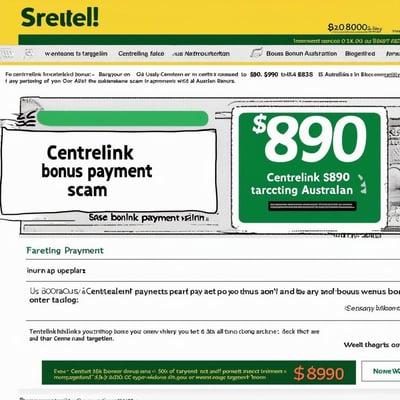 An image of a fraudulent website advertising a fake 890 Centrelink bonus payment scam targeting Australians