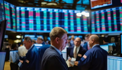 A bustling stock exchange with traders intently wa