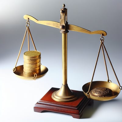 A poised scale balancing gold coins and a shield,