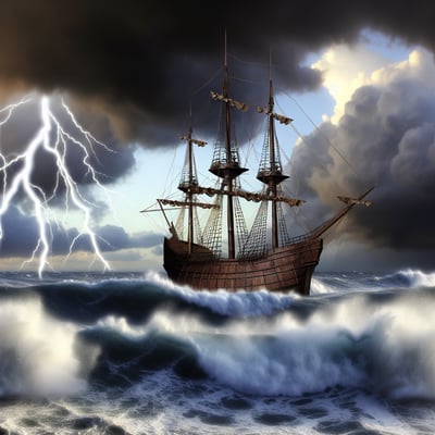 An image of a stormy sea with a sturdy ship naviga